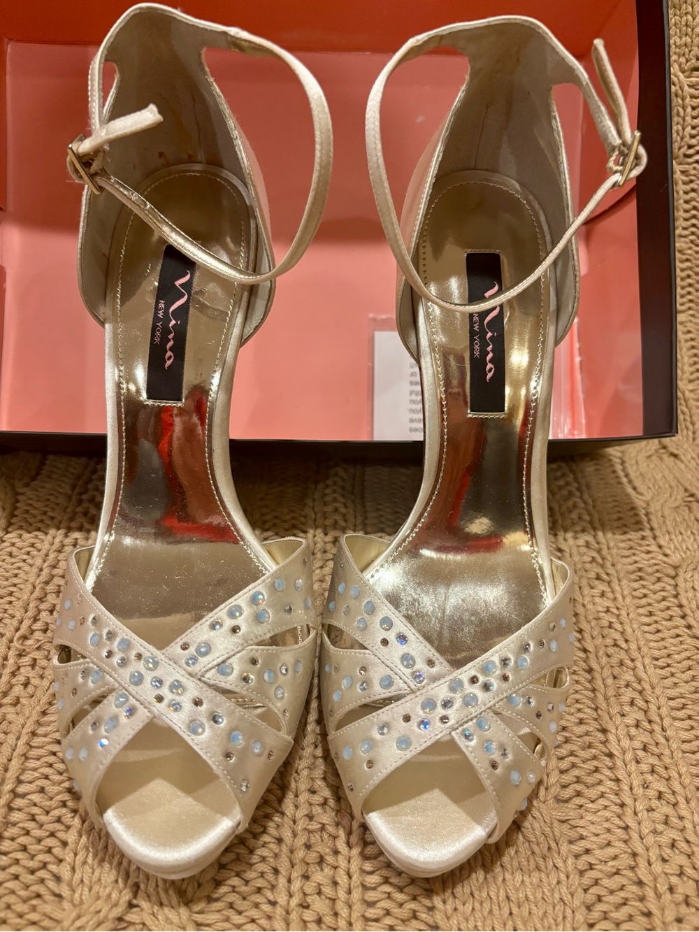 Nina Gold Rhinestone Peep-Toe Ankle-Strap Heels - Never worn
